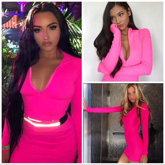 Neon Pink Zipper Mini Dress - Picture 1 of 4